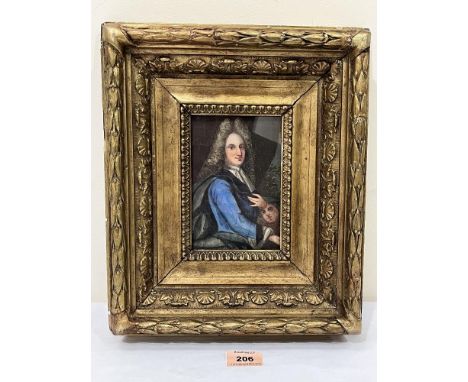 18TH/19TH CENTURY SCHOOL  A portrait of a gentlemanin a powdered wig, an attendant at his feet. Watercolour 6½' x 4¼'