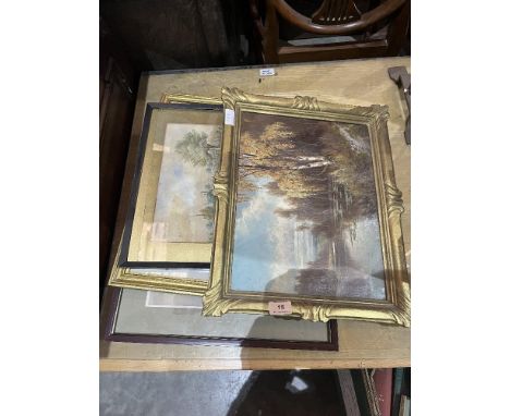 A watercolour seascape, a print after Birket Foster, an oil lake scene and another watercolour drawing 