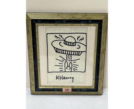 SIGNED K. HARING Man and Spaceship. Felt pen on graph paper 9¾' x 6½'