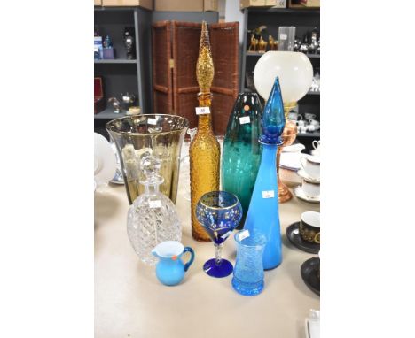 A Holmegaard elongated green glass ovoid vase, etched signature to base sold together with an assortment of vintage art glass