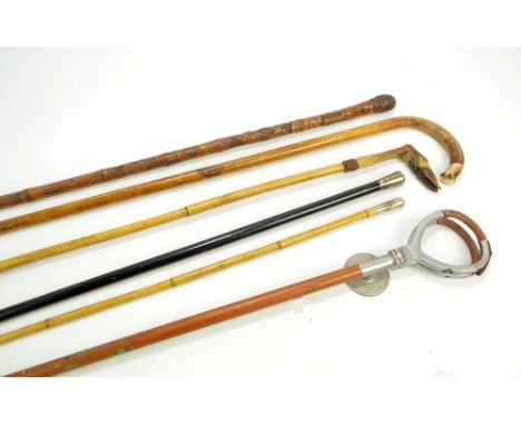 A collection of walking sticks and canes comprising silver topped ebony cane, walking stick with yellow metal mounts, a stick