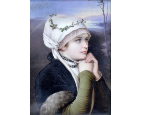 A porcelain plaque finely painted with portrait of a lady and rural landscape to background after Friedrich August Von Kaulba