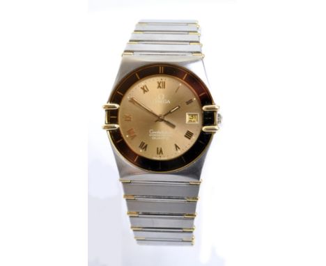 OMEGA; a gentleman's stainless steel two tone Constellation chronometer quartz wristwatch with brown bezel, case no.1422, in 