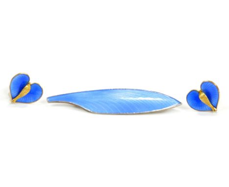 A Danish sterling silver and enamel leaf brooch, length 7.2cm, and a pair of Norwegian sterling silver gilt and enamel heart 