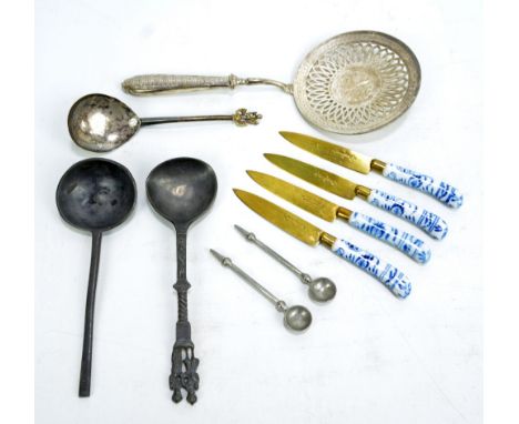 A mixed lot of spoons and knives including a plated dessert server and ceramic handled fruit knives (10).