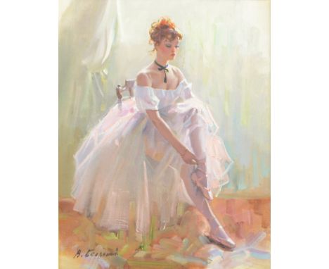 VLADIMIR MIKHAILOVITCH BELSKY (Russian, 1949 - 2017); oil on canvas, portrait of a seated ballerina, signed in Cyrillic lower