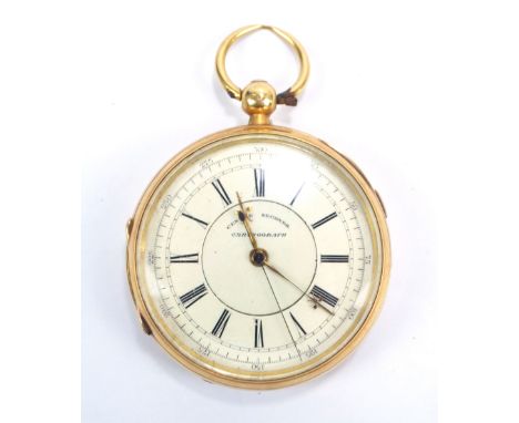 S LICHTENSTEIN OF MANCHESTER; a late 19th century 18ct gold open faced key wind chronograph pocket watch, the circular enamel