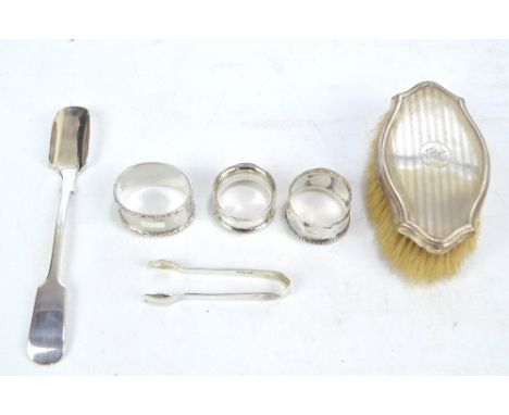 A small group of variously hallmarked silver items including an engine turned decorated coat brush, Hasset & Harper Ltd, Birm
