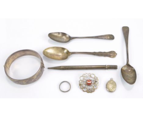 A small group of variously hallmarked silver items including Georgian spoons, London 1805 and 1812, a snap bangle inscribed '