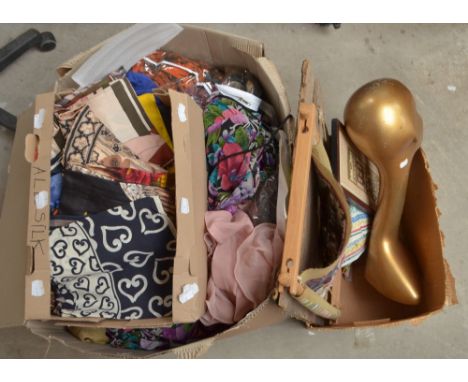 A mixed lot of textiles to include a quantity of linen, vintage dresses, samplers, silk scarves and mannequin head. 