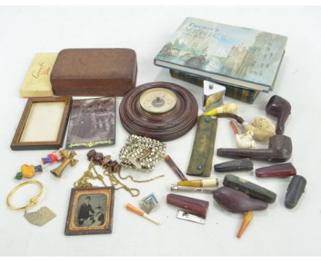 A collection of pipes and cigarette holders (some cased), period photographs, buttons, oak cased barometer, boxed chess set e