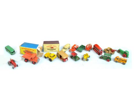 A boxed Moko Lesney Matchbox no.4 'Massey Harris' tractor (and another loose), a boxed Lesney Matchbox no.28 'Mack Dump Truck