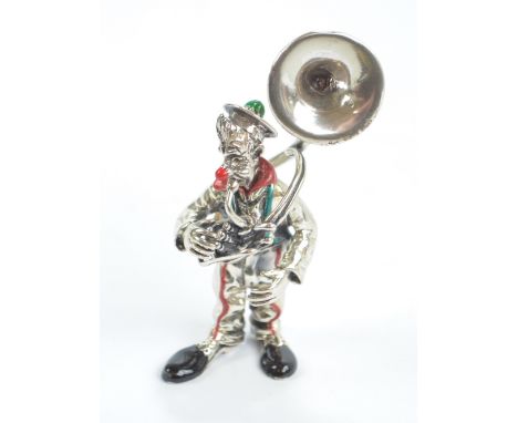 An Italian Sorini 925 silver and enamel clown with sousaphone, stamped with import marks, height 7.3cm. CONDITION REPORT: Ena