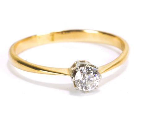 A yellow metal and diamond solitaire ring, the round brilliant cut stone approx 0.2cts, size J, approx 1.4g.