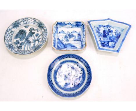 Four various Chinese blue and white porcelain plates to include a Swatow ware example, diameter 17cm, and a trapezoid shaped 