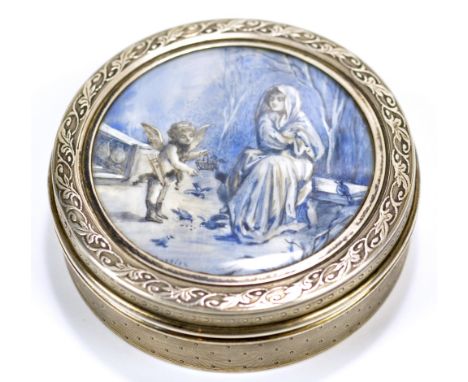 SCHWEITZER & FORT; an early 20th century French 0.950 silver circular snuff box, the lid inset with hand painted ceramic pane
