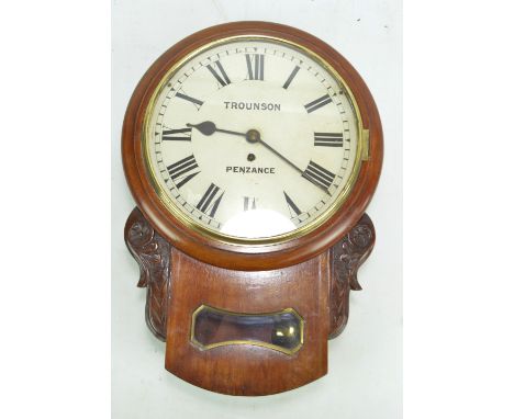 A 19th century mahogany drop dial wall clock with painted dial inscribed 'Trounson, Penzance', single fusee movement and carv