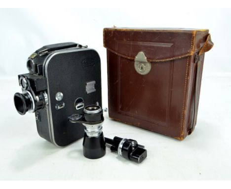 ZEISS IKON; a leather cased vintage cine camera with additional Sonnar 1:4 F=7.5cm lens, a Zeiss Platform no.4943 and a brown