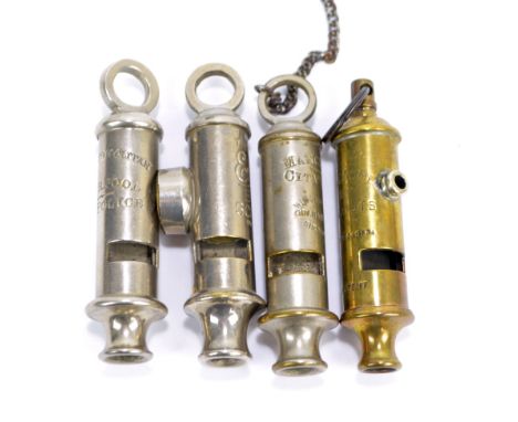 Two Boy Scout's whistles, one with attached compass, and two further Liverpool and Manchester City Police examples (4).