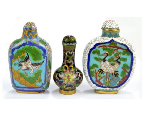 A 19th century Chinese cloisonné enamel decorated snuff bottle with globular body and slender neck, height 6cm, and two furth