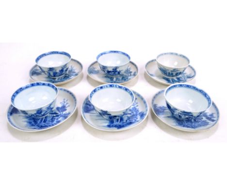 A set of six Chinese porcelain cups and saucers painted in underglaze blue with architectural landscape with river, unmarked,