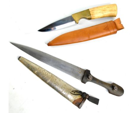 A Helle hunting knife in leather scabbard and an Asian dagger with tapered blade and wooden handle in white metal mounted sca