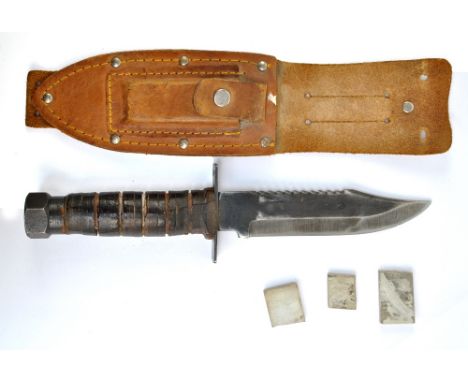 A private purchase Japanese manufacture jet pilot survival knife, stamped 'Japan' to blade base, length 24cm, in leather scab