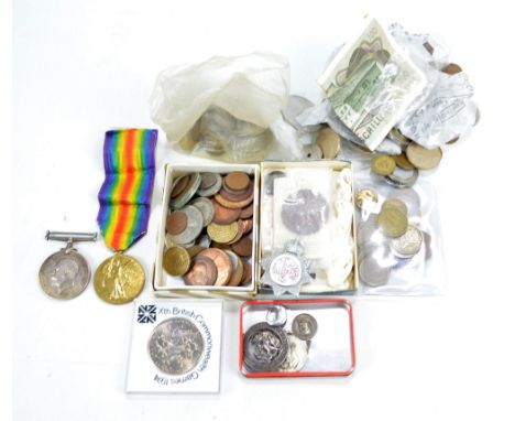 A quantity of mixed denomination British and International coinage, also WWI War and Victory medal duo awarded to 202462 Pt. 