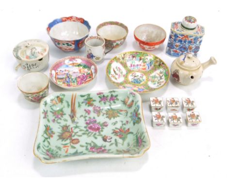 A group of various Chinese porcelain items including a Canton Export Famille Rose circular plate, diameter 16cm, a cup, a cel