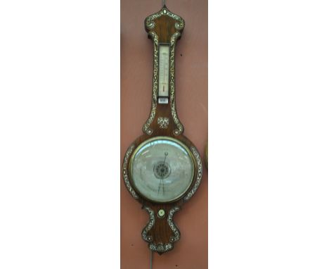 ARIGHI; a rosewood and mother of pearl inlaid banjo barometer/thermometer, length 104cm.