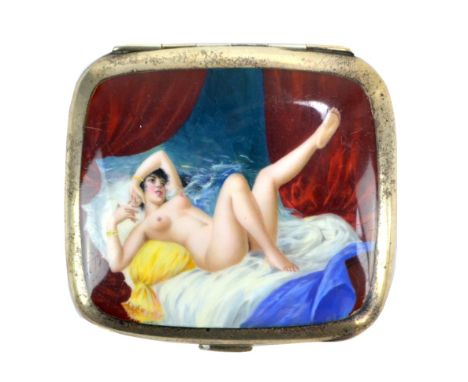 An early 20th century Austrian erotic silver and enamelled cigarette case of rounded rectangular form, the hinged cover paint