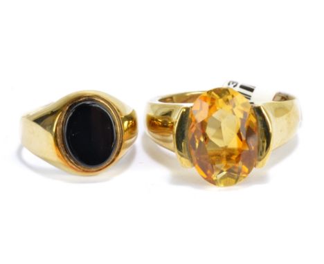 A 9ct yellow gold dress ring set with citrine, size P, and a small 9ct yellow gold signet ring, size J, combined approx 10.5g