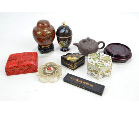 A group of various Oriental items to include a Chinese cloisonné enamel decorated ginger jar, a dragon decorated Yixing teapo