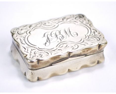 JOSEPH GLOSTER LTD; a Victorian hallmarked silver shaped rectangular snuff box, overall engraved with foliate scrolls, centre