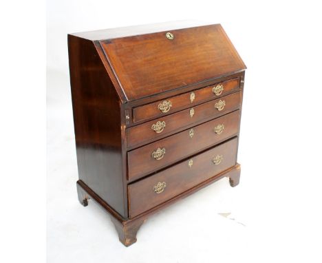 An 18th century mahogany bureau, the fall-front enclosing fitted interior above four drawers on bracket feet, 106.5 x 91cm. C