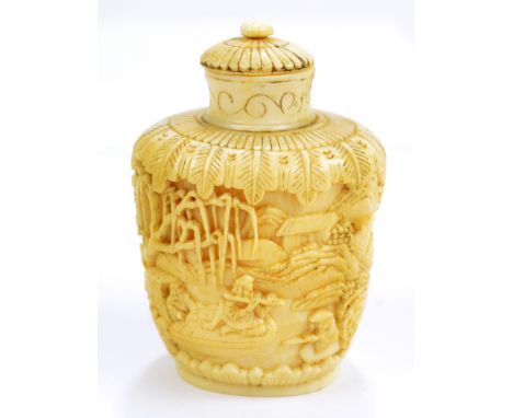 A 19th century Chinese carved ivory snuff bottle of oval tapering form overall decorated with figural scenes of architectural