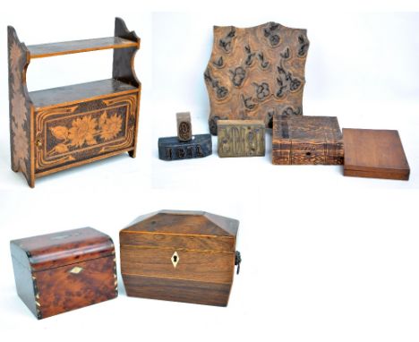 A Regency rosewood sarcophagus tea caddy, a burr yew and mother of pearl example, a paint box and four printing blocks, and a