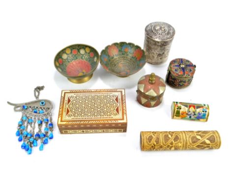 A group of various Eastern and Oriental items to include two Indian brass enamel decorated bowls, a Mughal style decorated bo