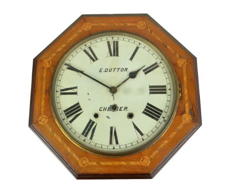 A late 19th century inlaid walnut wall clock, the circular dial set with Roman numerals and signed E. Dutton, Chester, dial d