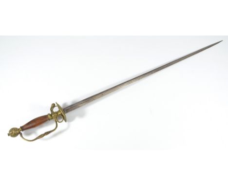 A court sword with embossed pommel, walnut grip and embossed shell, decorated with portrait masks and with triangular section