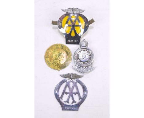 A group of four vintage car mascot badges, two of them from The Automobile Association, a rare Royal Automobile Club King's C