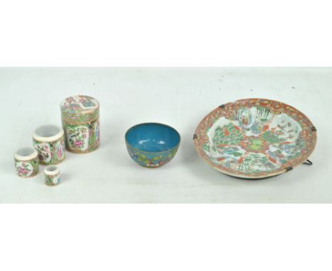 A 19th century Chinese Canton Export porcelain cylindrical stacking box and cover, diameter 8cm (three internal lids missing)