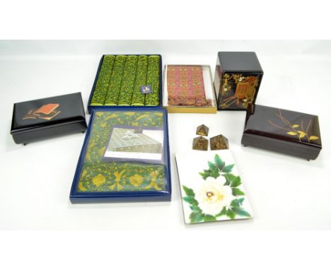 A collection of Japanese items including lacquered jewellery chest with three fitted drawers, two jewellery boxes, various te