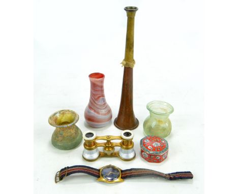 A small group of collectors' items including a pair of brass and guilloche enamel opera glasses, two possibly Roman glass vas