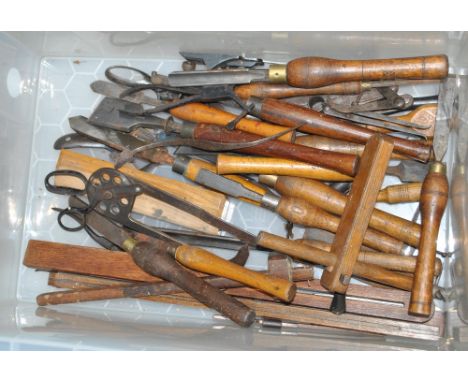 A quantity of woodworking/luthiery tools.