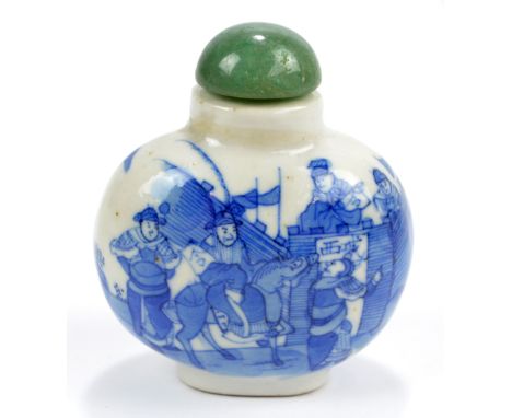 A 19th century Chinese porcelain snuff bottle of flat oval form, finely painted in underglaze blue with dignitary and attenda