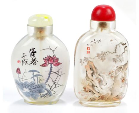 Two Chinese inside painted glass snuff bottles of flat ovoid form, one depicting blossoming branches and a flower pot, by Yen