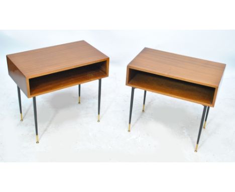 A pair of mid-20th century bedside tables with open shelf and raised on four tubular tapering supports, purchased from Heals,