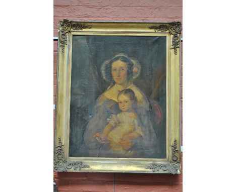 19TH CENTURY ENGLISH SCHOOL; oil on canvas, half length portrait of a mother and child, 90 x 70cm, framed. CONDITION REPORT: 