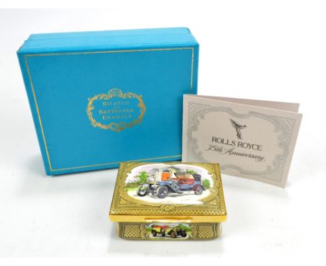 A Halcyon Days 'Bilston and Battersea Enamels' patch box for the 75th anniversary of Rolls Royce, with anniversary card and p